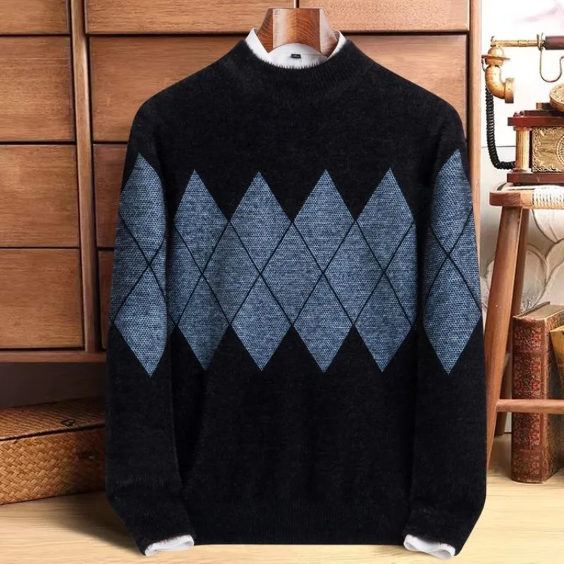 Men's Anti-pilling Argyle Sweater Winter Thick Faux Mink Wool Pullover Crewneck Knitted Jumper M-4XL