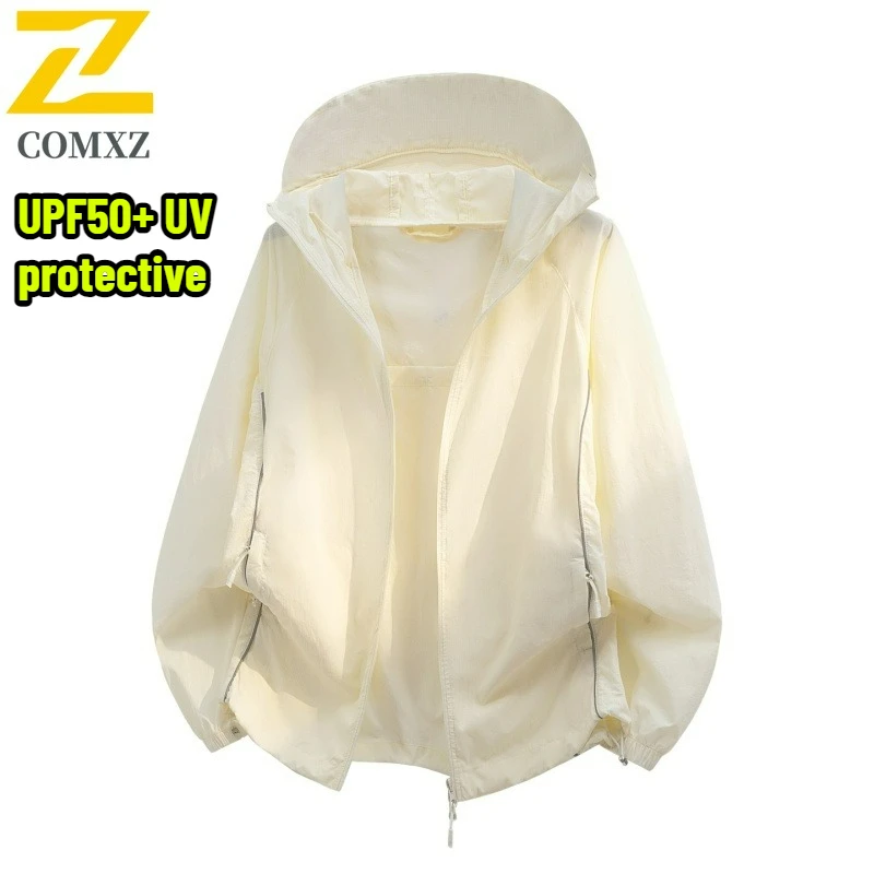 

COMXZ Travel Sunscreen Jacket Men Women Summer Detachable Hat Brim upf50+ UV Ice Silk Cool Fishing Coat Sport Skin Windbreaker