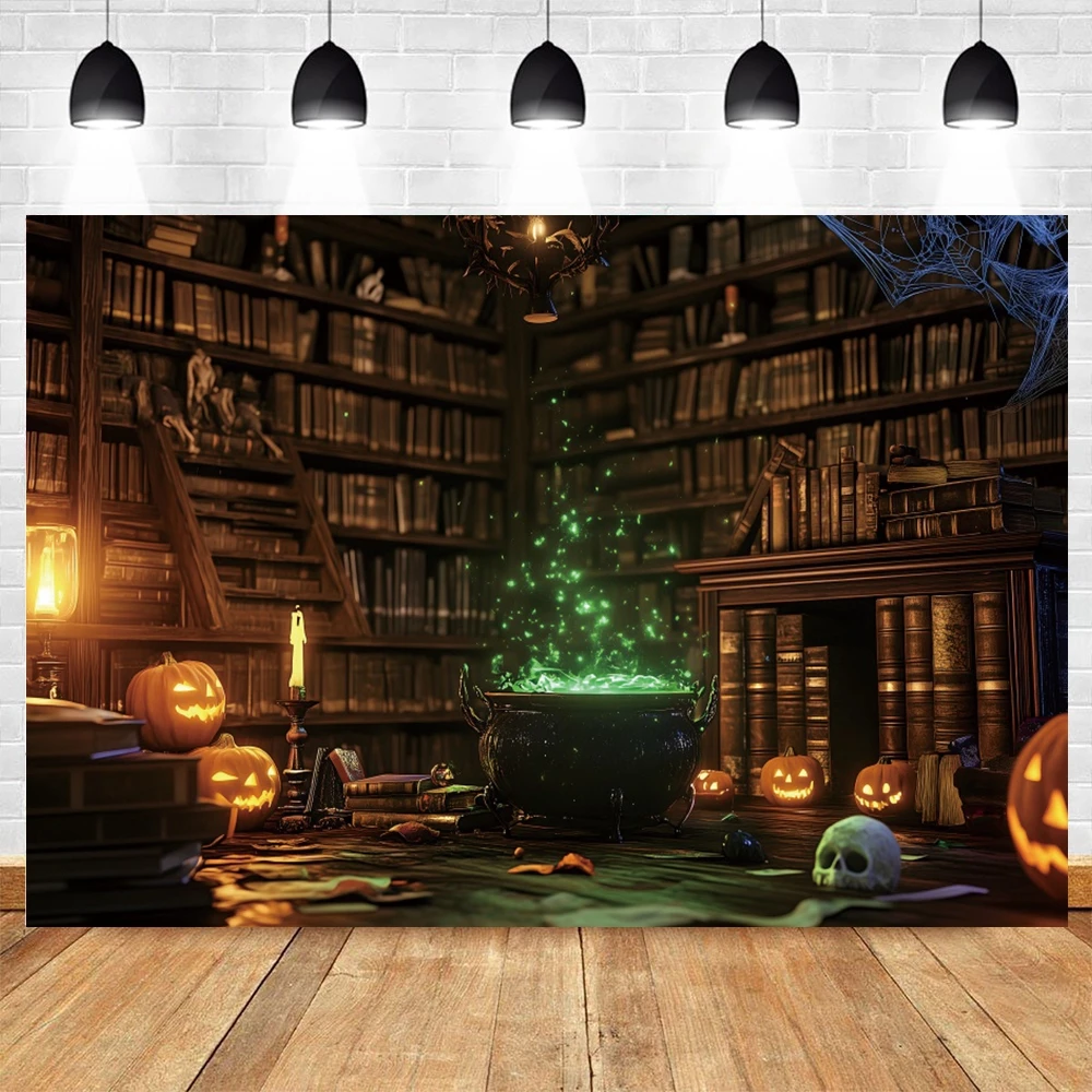 Halloween Photography Backdrop Witch Magic Cauldron Bookshelf in Spooky Room Party Decoration Photo Background Studio Booth Prop