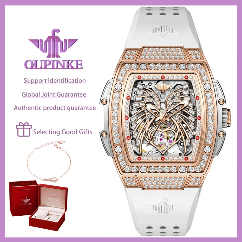 OUPINKE-Relógio mecânico totalmente automático para mulheres, impermeável Tonneau Diamond Dial, relógio de pulso feminino, marca de luxo superior,