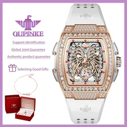 OUPINKE-reloj mecánico totalmente automático para mujer, cronógrafo de pulsera resistente al agua con esfera de diamante Tonneau, conjunto de regalo de marca de lujo