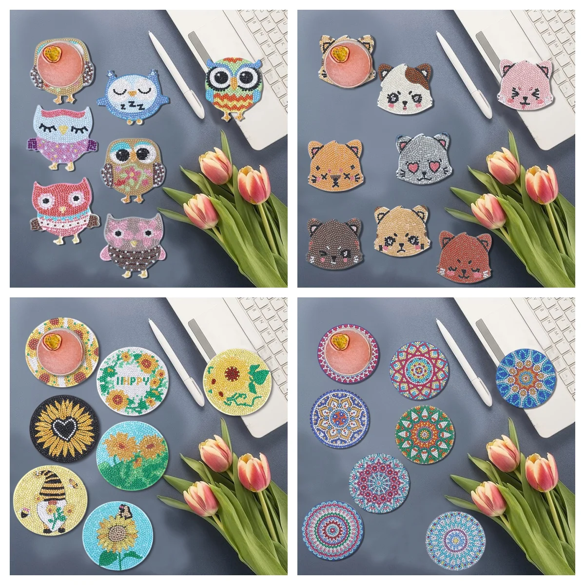 8 مجموعات من اللوحات الماسية التي تصنعها بنفسك: البومة/الدب/الأقزام/الماندالا/النمط، الوقايات الخشبية غير القابلة للانزلاق، غرفة المعيشة، المطبخ