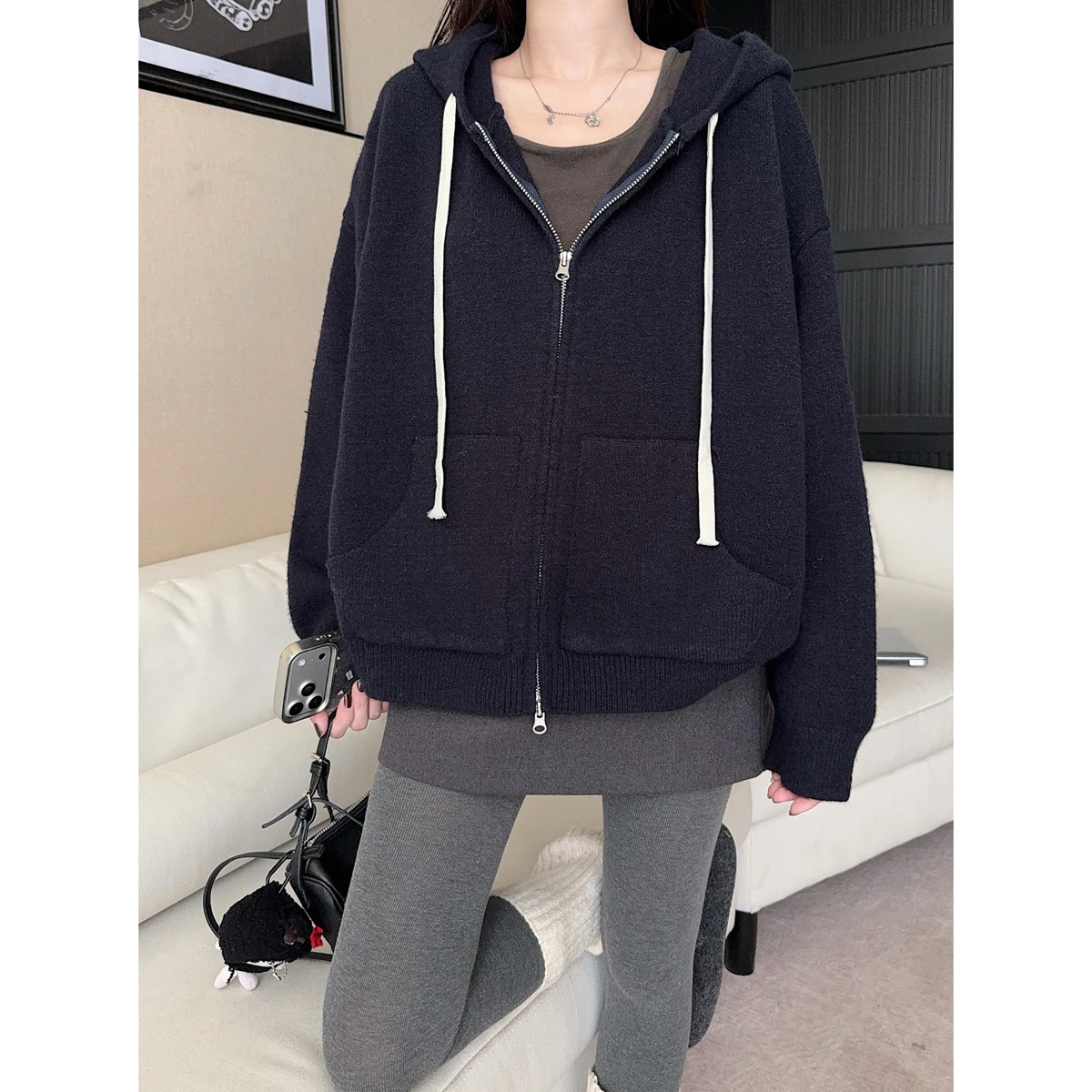 

Ladies Korean Sle eep Camere Knitted Hoodie Double Zipper Casual Outerwear Long Sve Open Cardigan Coat for Women