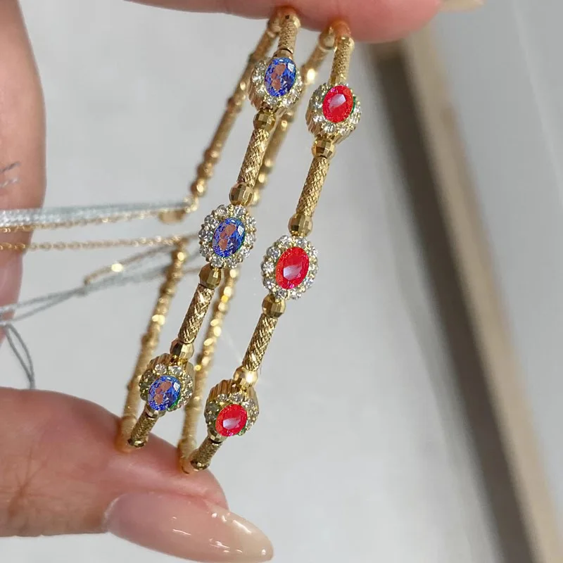 S925 Sterling Silver Bracelet, Woven Engraved Gold Brushed Process, Diamond-Encrusted Blue Bracelet, Female