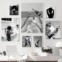 Black and White Sexy Woman Drinking Wine Champagne High Heels Car Canvas Poster Vintage Feminist Photography Picture Home Decor