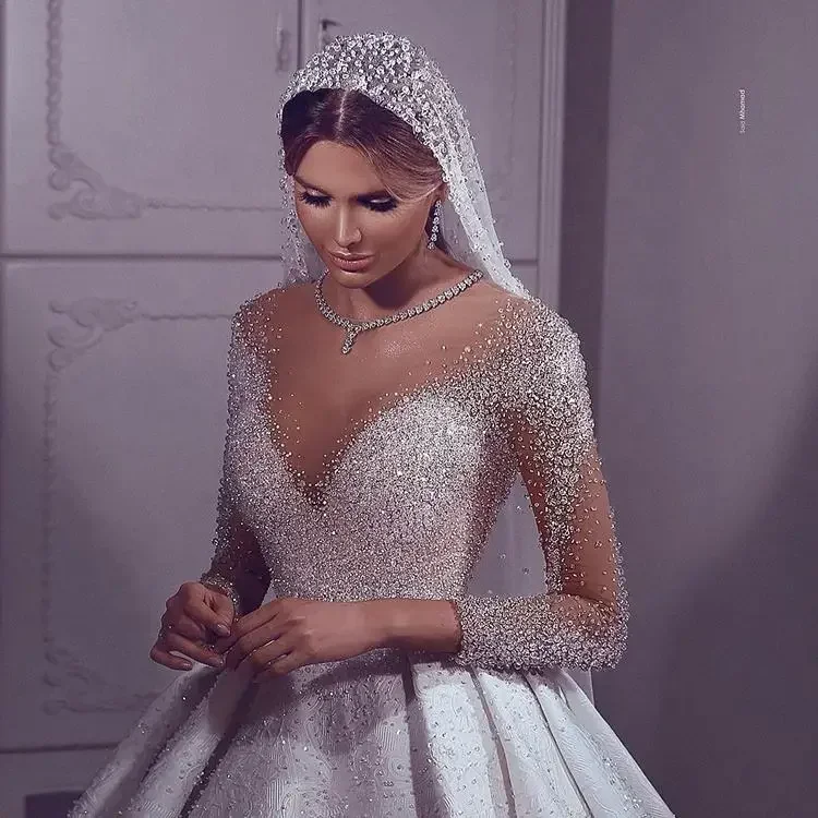 Customized Crystal Dresses Long Sleeve Ball Gowns Plus Size Princess Wedding Dress Bride Gowns For Pregnant Woman Robe Mariage