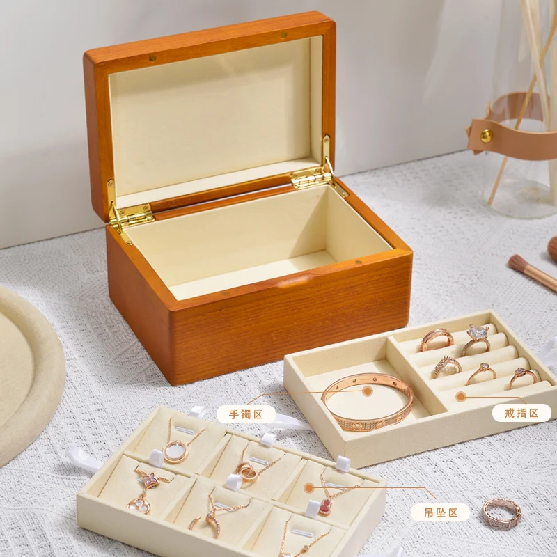 Oirlv Wooden Jewelry Box Storage Ring Earring Solid Wood Ring Box Ring Earring Organizer Wooden 2-Layer Small Jewelry Case Box