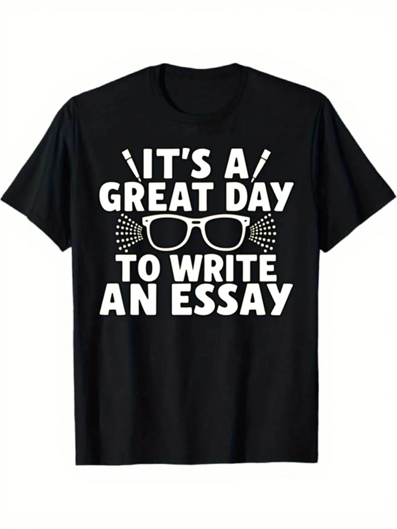 Funny Men's Black Graphic T-Shirt Great Day to Write an Essay Glasses Bold Letter Print 100% Cotton Heavyweight Short Sleeve Casual Streetwear Tee