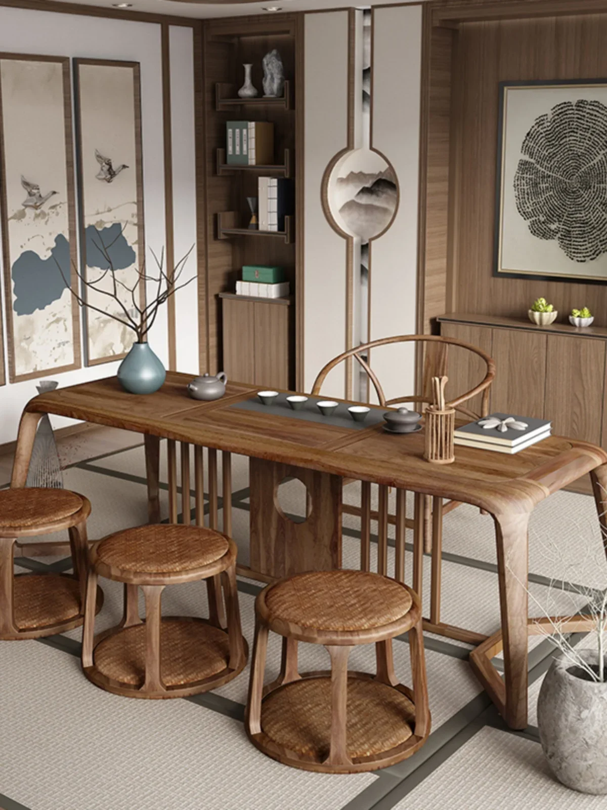 New Chinese walnut tea table modern zen home solid wood tea and chairs tea log kung fu balcony coffee