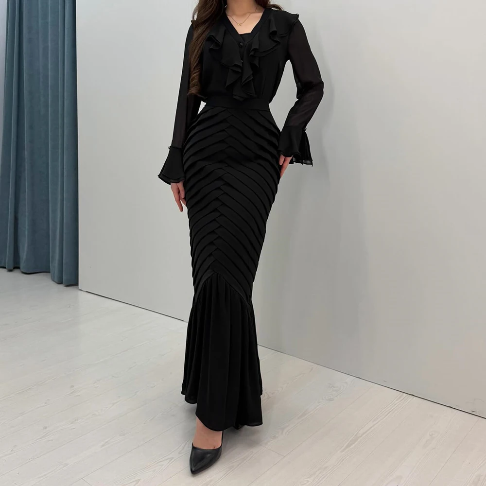 

Women's A-line Evening Dresses Ankle-length V-neck Full Sleeve Prom Gown Fashion Pleat Ruched Simple Draped Customized Gowns