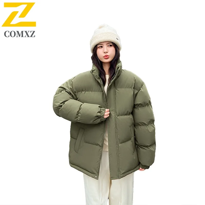 COMXZ 2025 Winter Mens Loose Fit Stand Collar Solid Color Puffer Jacket Short Warm Coat Casual Outwear  lightweight windbreaker
