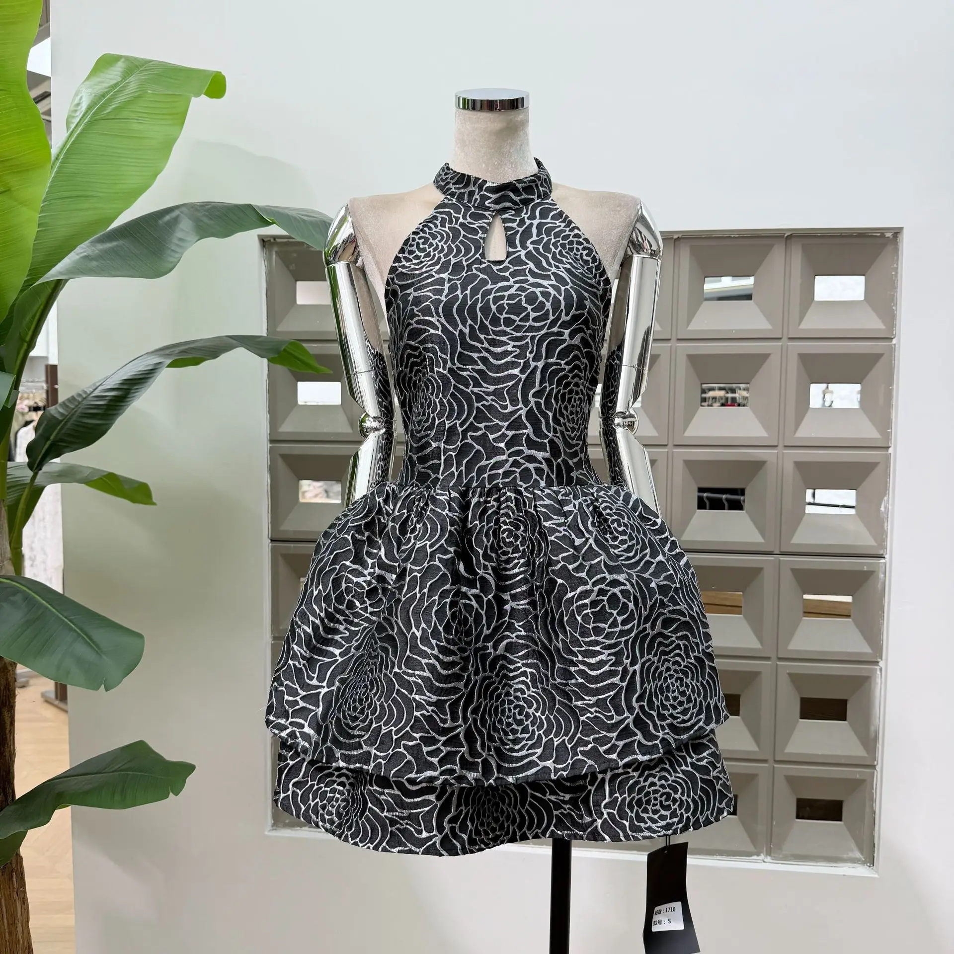 

Women’s Black and White Floral Jacquard Halter Neck Cutout Waist-Cinched Double-Layered Bubble Mini Dress Cute Edgy Retro Party