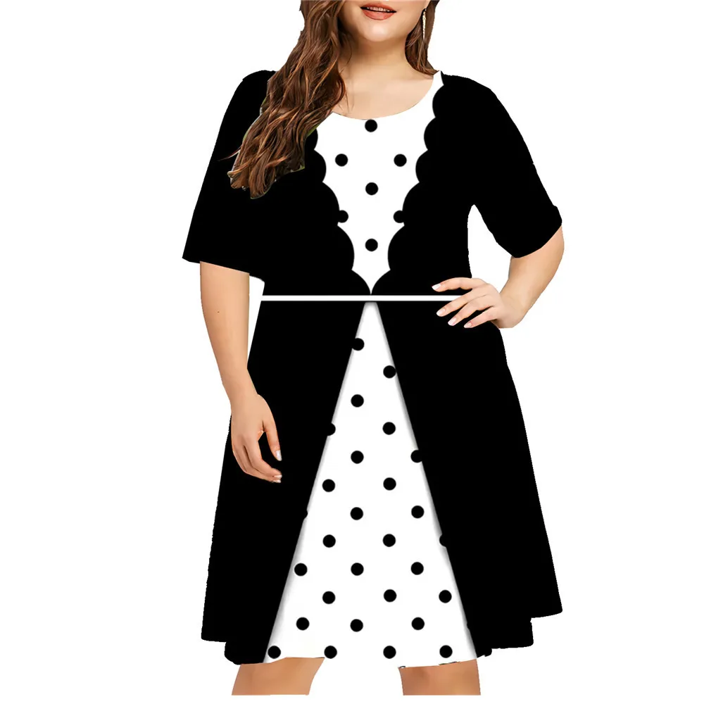 Polka Dot Fake Two 3D Print Dress Women Fashion Short Sleeve Loose Dress Plus Size Summer Casual O-Neck Ladies Clothing 6XL 2024