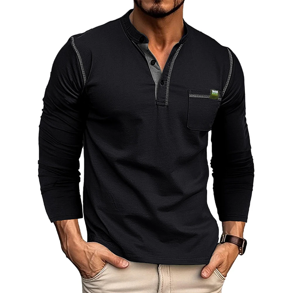 Fashion Men\'s Button Henley Collar T-Shirts Long Sleeve Solid Color Pocket Casual Muscle Tees Tops T Shirt Man Clothing