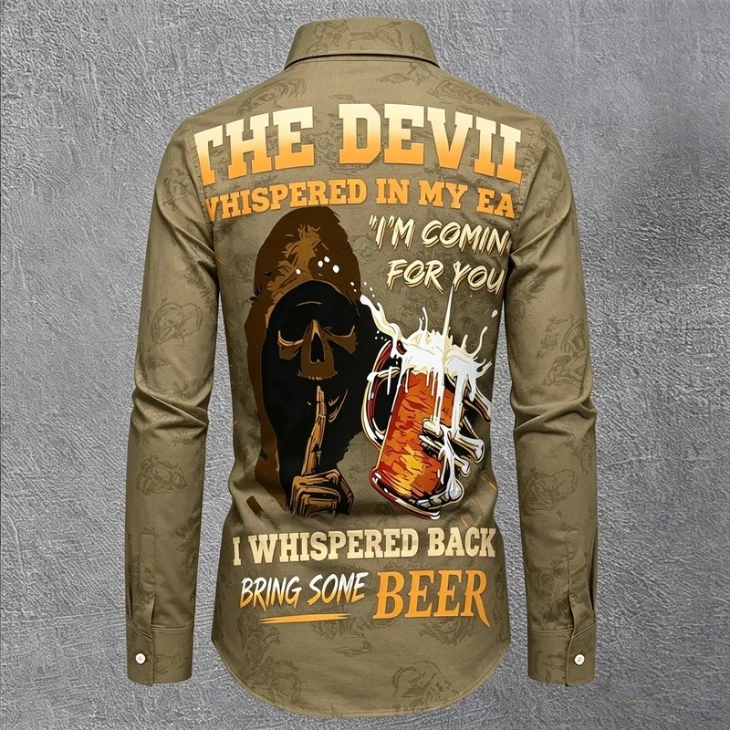 Men's Black Long-Sleeve Shirt with Grim Reaper Skull and Beer Slogan Print on the Back; Motorcycle Bar Collar Shirt