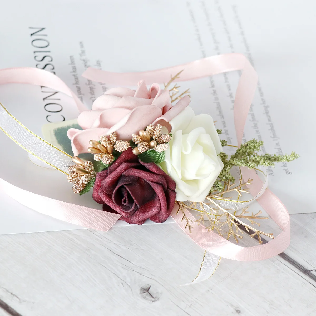 Roze Pe Rose Broche Mannen Bruiloft Corsage Bruidsmeisjes Boutonniere Armband Pols Bloemen Bruiloft Boutoninere Gast Corsage Bloemen