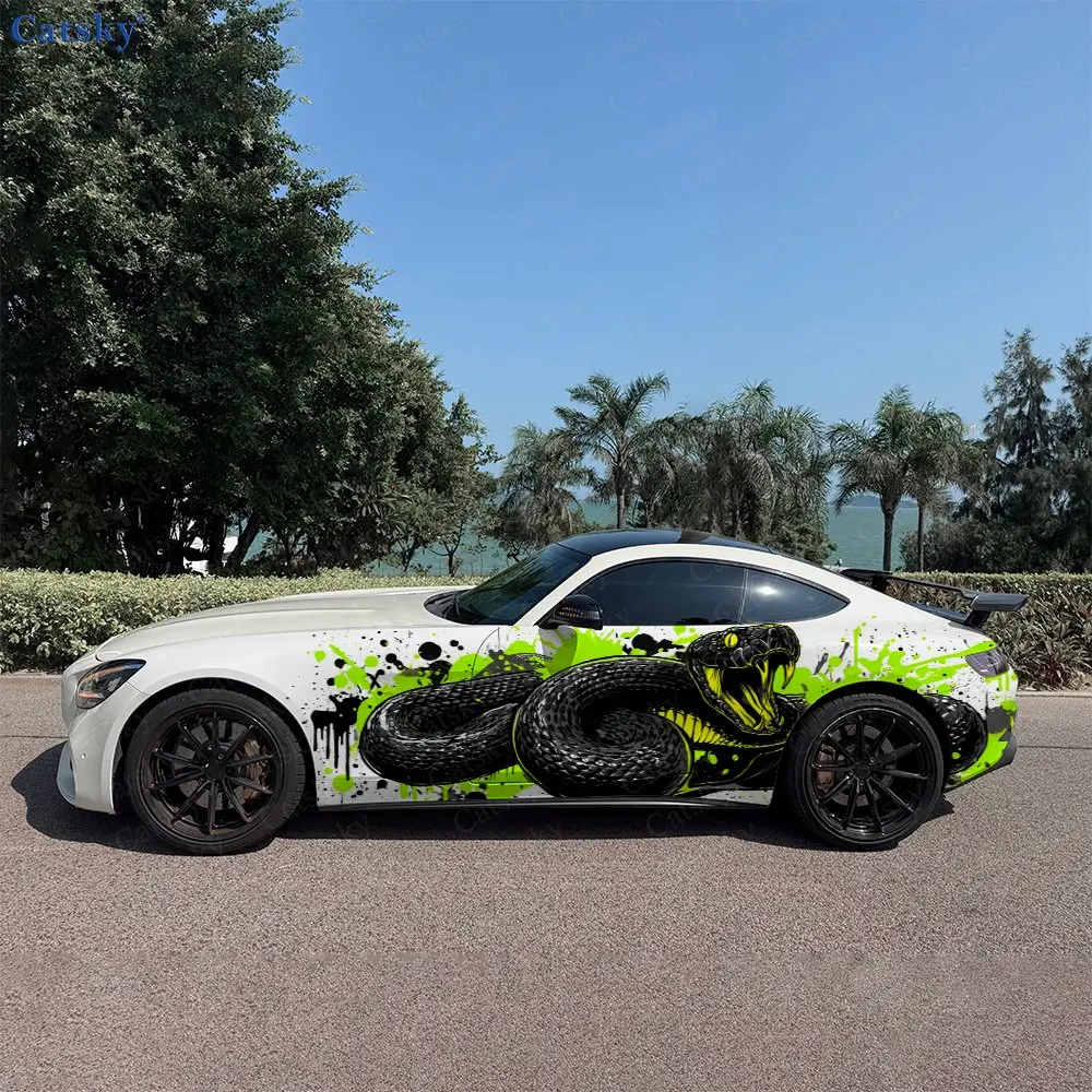 2pcs Trendy Paint Splatter Snake Car Side Wraps, Self-Adhesive PVC Waterproof & Scratch-Resistant Stickers, Car Accessory Gift