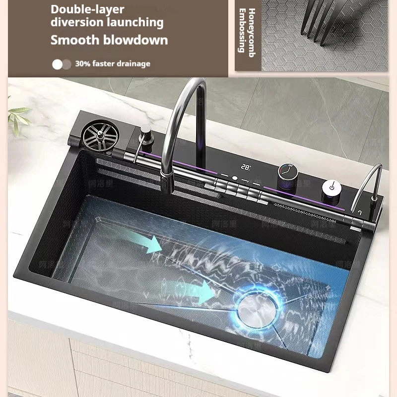 Digital Display Double waterfall stainless steel kitchen sink smooth blowdown double layer ladder slide  cup cleaner