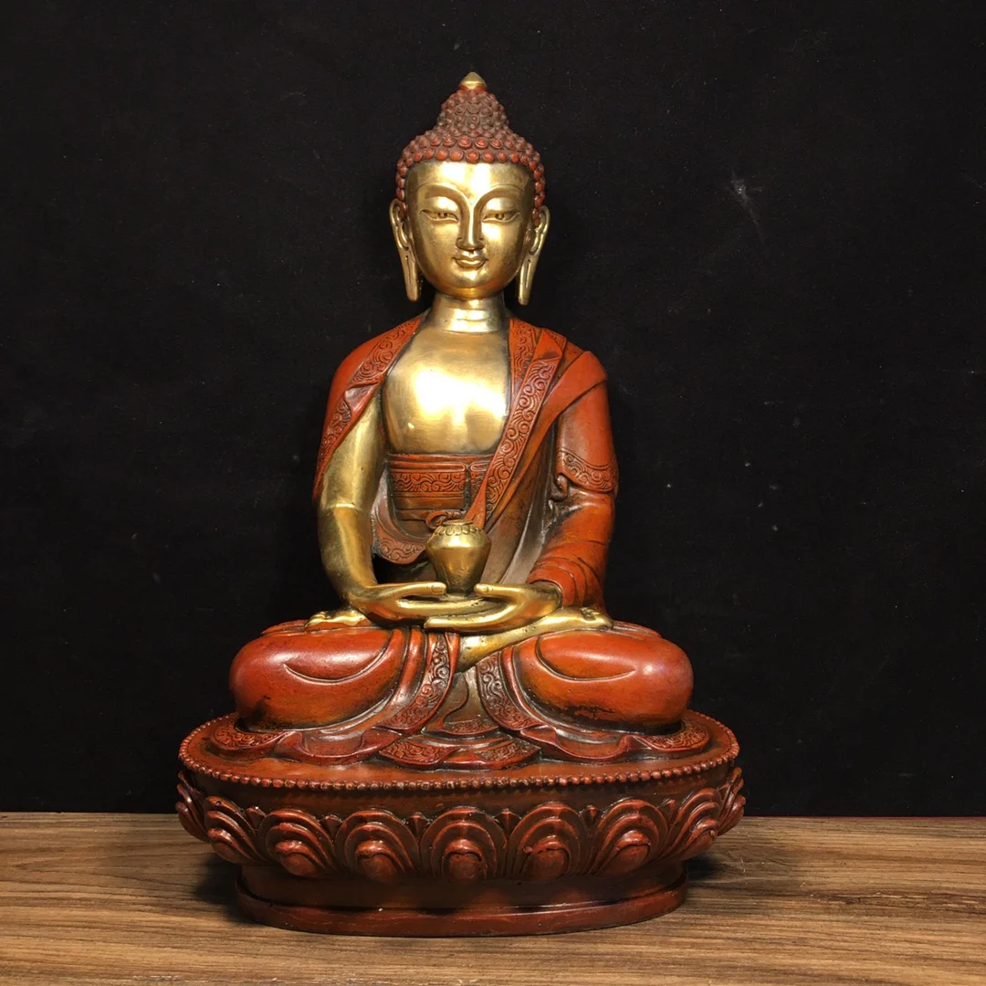 

12"Tibetan Temple Collection Old Bronze Gilded Real Gold Shakyamuni Sitting Buddha Amitabha Lotus Platform Worship Hall