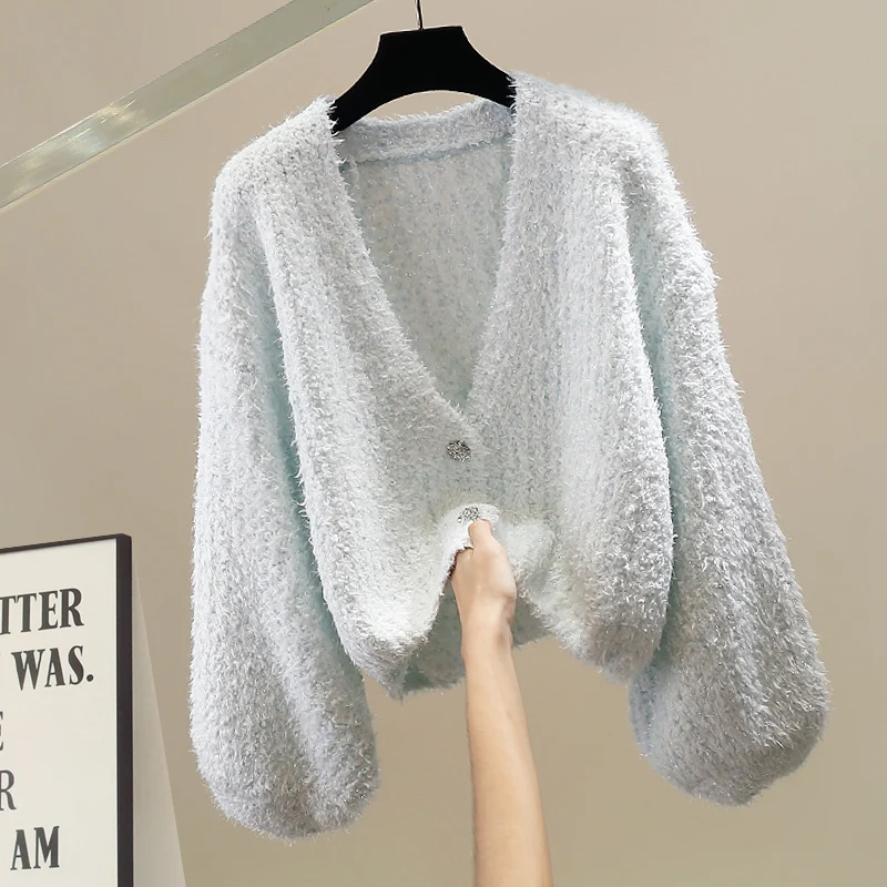 

Модный теплый пушистый свитер с V-образным вырезом, свободного кроя, универсальный повседневный женский осенне-зимний теплый топ с длинными рукавами