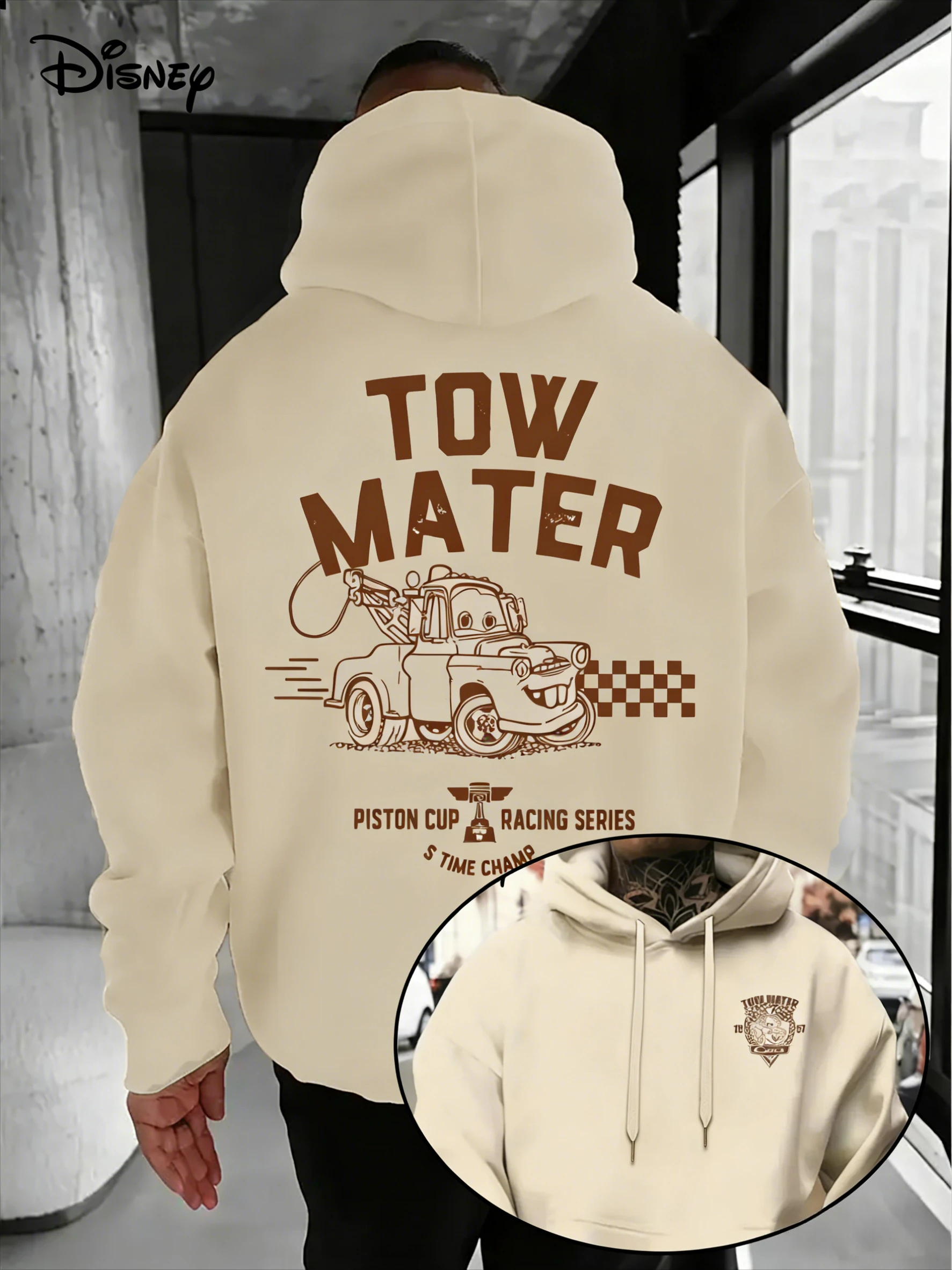 Disney Cars Kapuzenpullover aus blauer Baumwolle, Tow Mater-Charakterdruck mit karierter Flagge und Kolbenbecher-Design, langärmeliges, lässiges Sweatshirt
