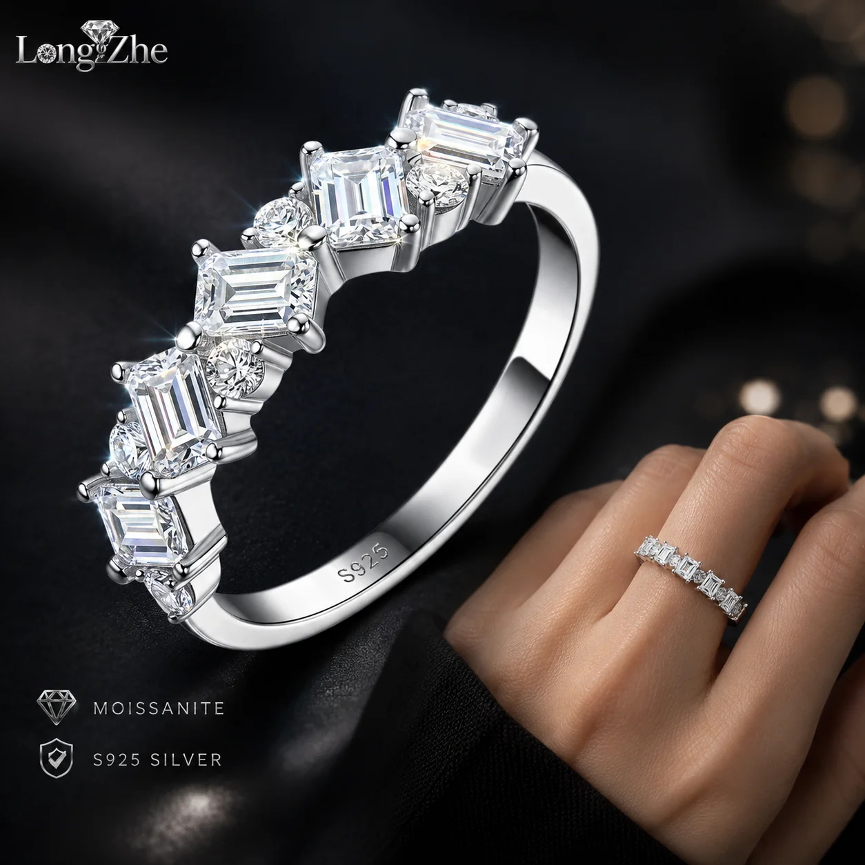LongZhe Moissanite Ring S925 Sterling Silver Emerald Cut 11 Stones Stackable Band Ring Daily Anniversary Jewelry Gift for Women