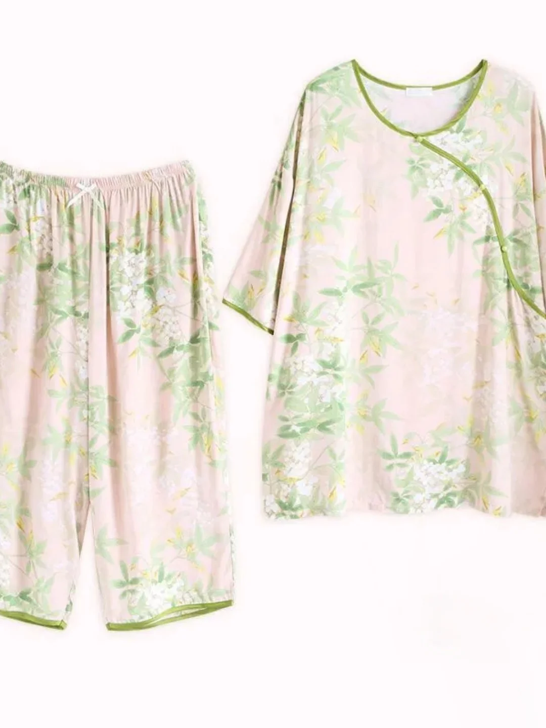 

New Chinese Style Floral Sleepwear Set Casual Loose Fit Long Pants Seven Sleeve Top plus Size Home Clothes for Youth Summer