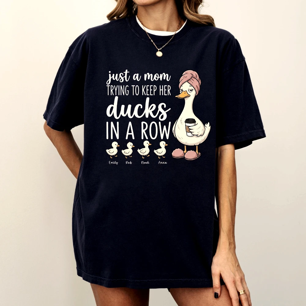 Personalized Mom Ducks in A Row Shirt Custom Kids Names Funny Mom Life Duck Tee Unique Mother's Day Gift Tshirt Women Cotton Top