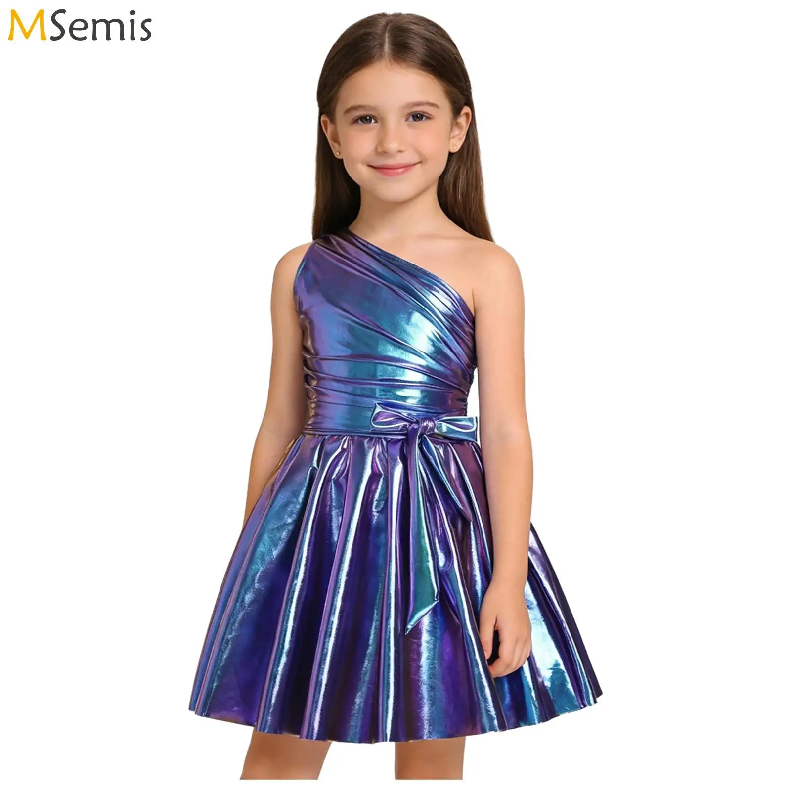 Kids Girls Metallic Shiny Swing Dress Dance Performance Costume One Shoulder Dress Ruched Top Puff A-line Hem Leotards Dress