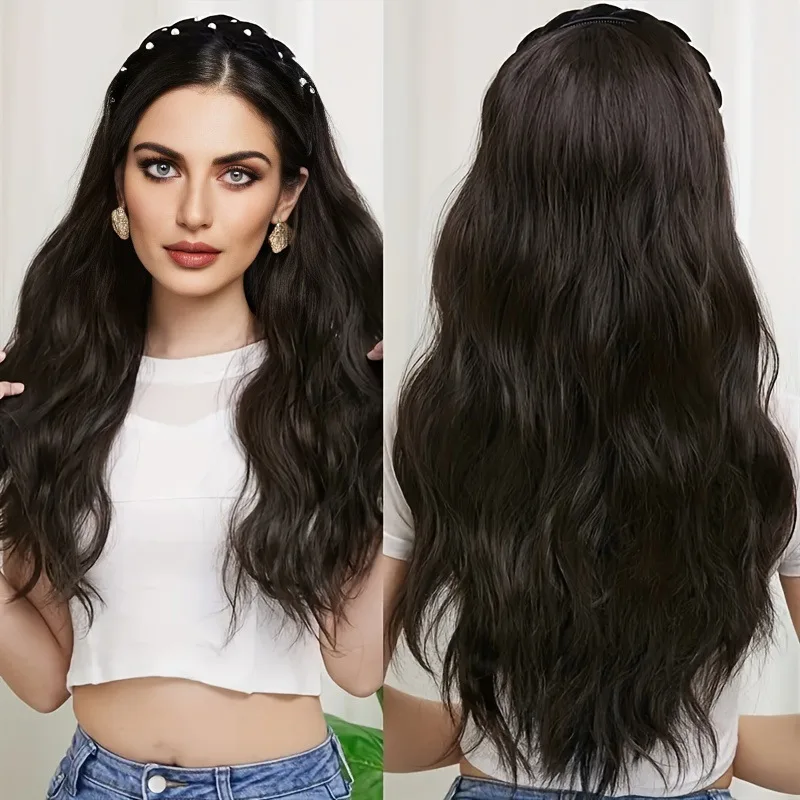 Wig Piece Women's Long Pearl Hair Band Wig Set, Imitating Whole Person Hair With Large Wavy Wig Brown Color Scarf Wig For Women