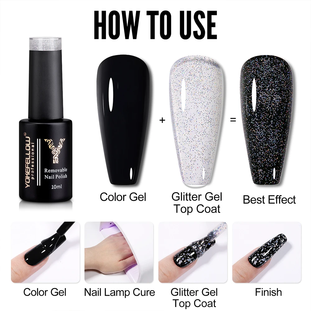 YOKEFELLOW 10ML Glitter Gel Top Coat No Wipe Top Coat Glossy Sparkly Soak Off Shimmer Glitter Gel Nail Polish Nail Art Varnish