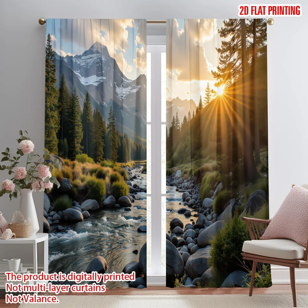 

2D flat printing 2pcs Scene Curtain Sunset Over Mountain Stream Digital Printed Polyester Drapes Holiday Decorations Use for