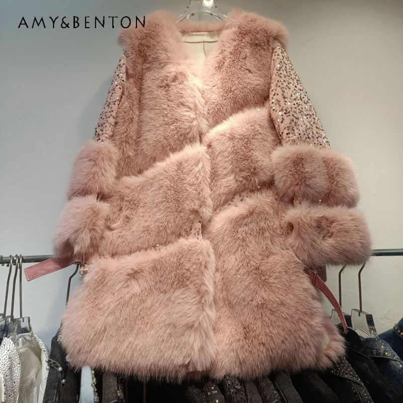 

Design Sense Advanced Heavy Industry Splicing Sequined European Mink Faux Fur 2024 Winter New Fashion Luxury Woolen Warm Jacket