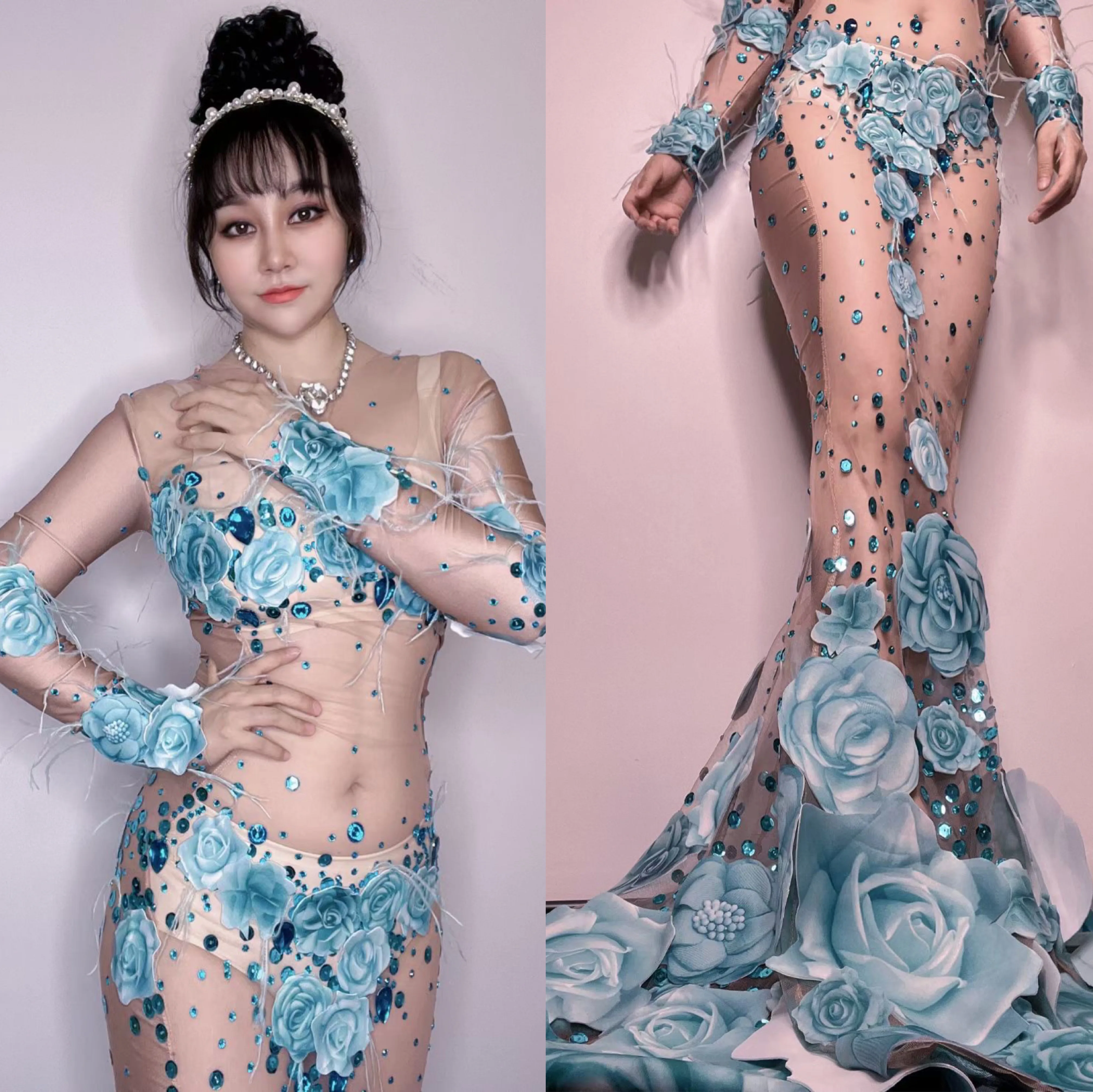 

Blue Purple Shining Rhinestones Rose Sexy Perspective Long Dress For Women Fashion Show Stage Cloth Drag Queen Rave Outfits