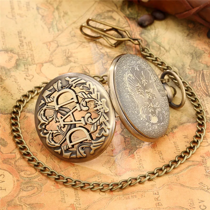 Bronze Hollow Out Cover DAD Design Men's Antique Quartz Analog Pocket Watch with Sweater Fob Chain Ideal Present To Father