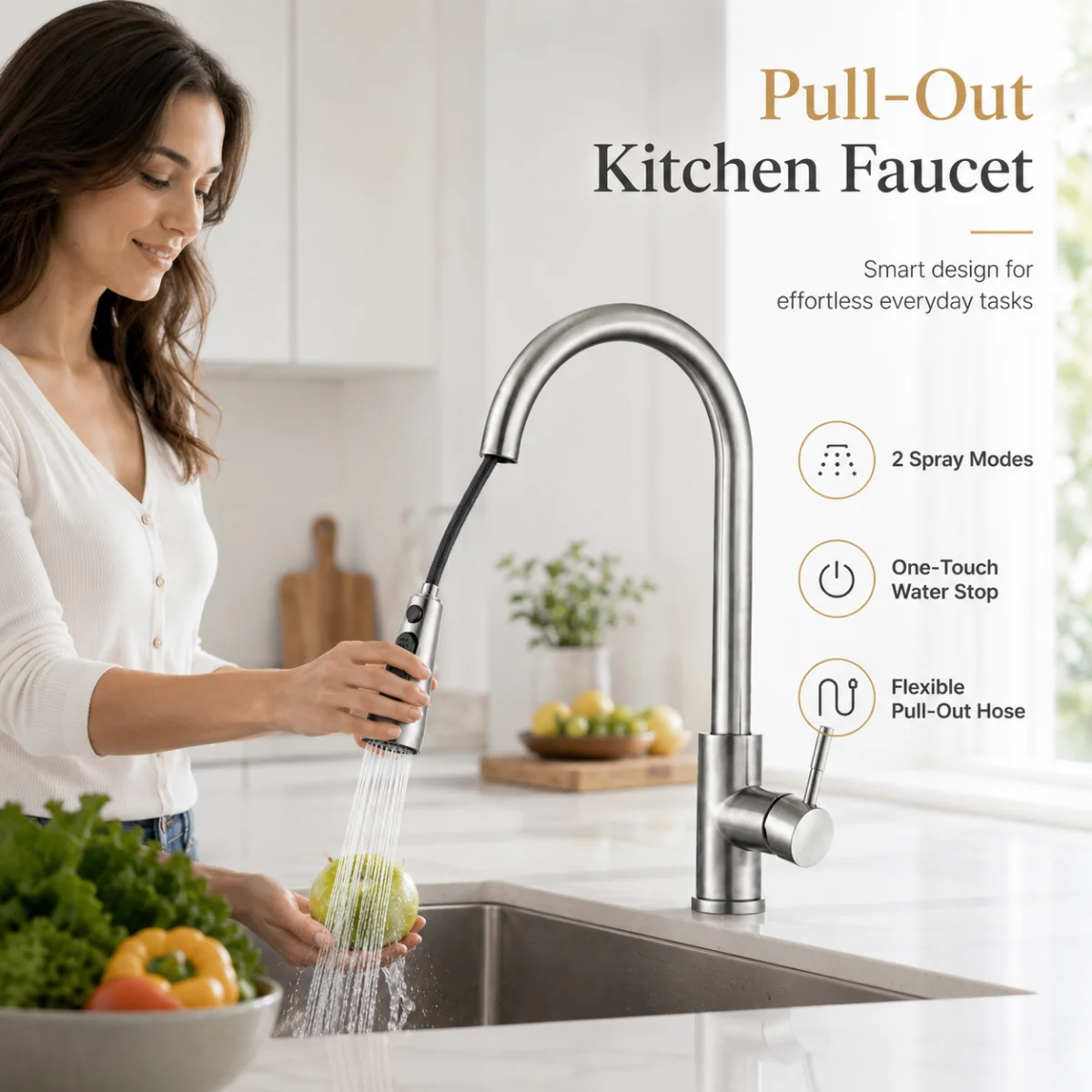 Kitchen Faucets 304 Stainless Steel Pull Out Kitchen Sink Water Tap Deck Mounted Mixer Stream Sprayer Head Hot Cold Taps