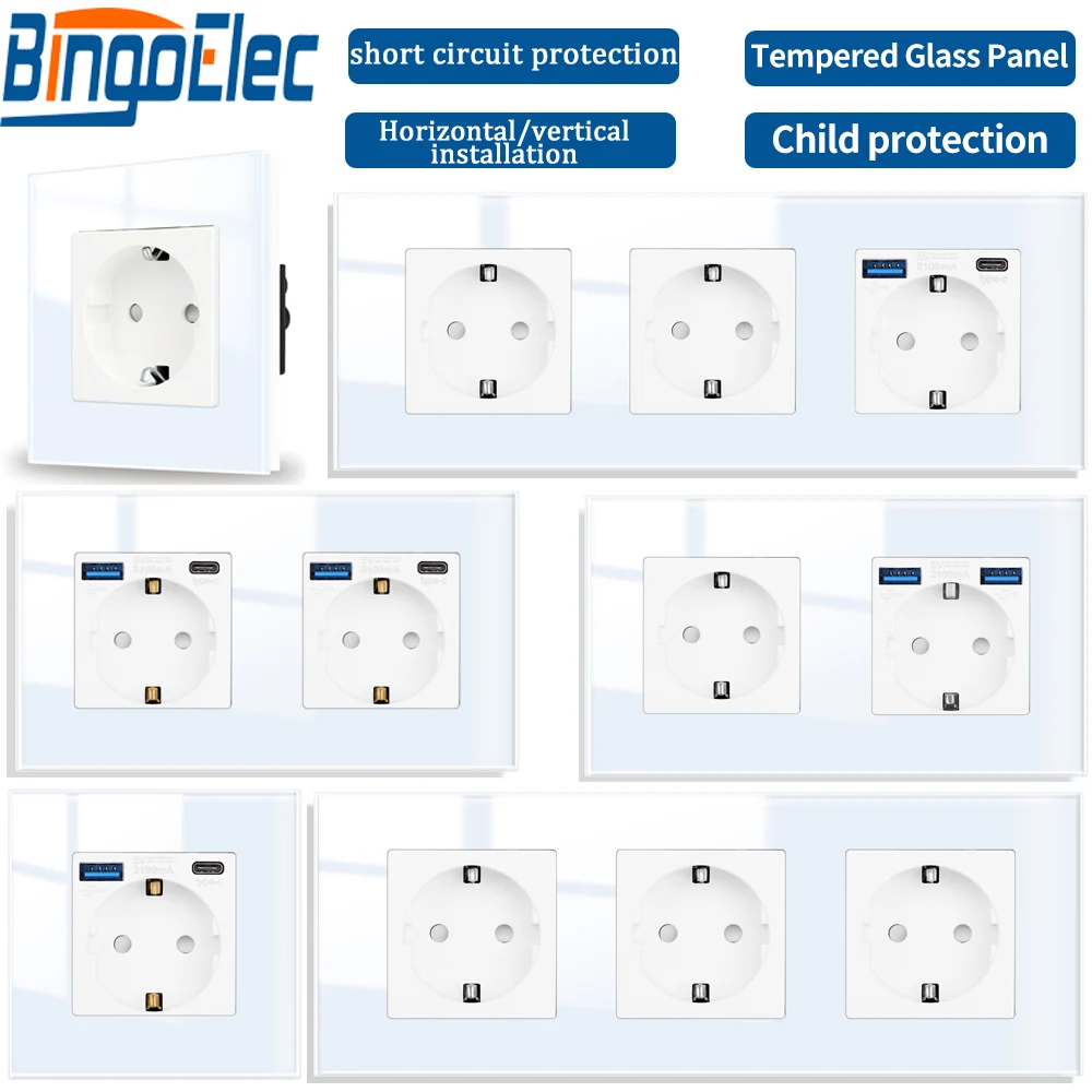 

Bingoelec Electrical Socket with Grounding White Double Sockets Tempered Glass Triple Wall USB Sockets CAT6 RJ45/TV EU Socket