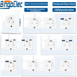 Bingoelec Electrical Socket with Grounding White Double Sockets Tempered Glass Triple Wall USB Sockets CAT6 RJ45/TV EU Socket