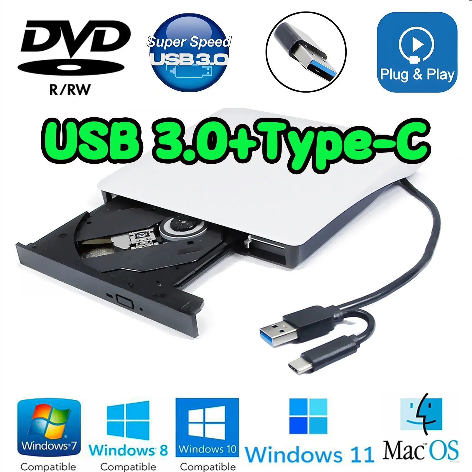 USB 3.0 & Type-C External DVD Burner, 8X High Speed DVD-RW Optical Drive for Windows 10/11 Mac Laptop PC