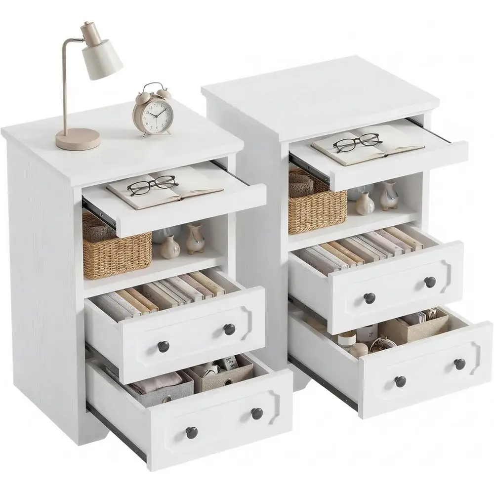 

2-Piece White Wooden Nightstand Set with Pull-Out Tray and Open Shelf for Bedroom