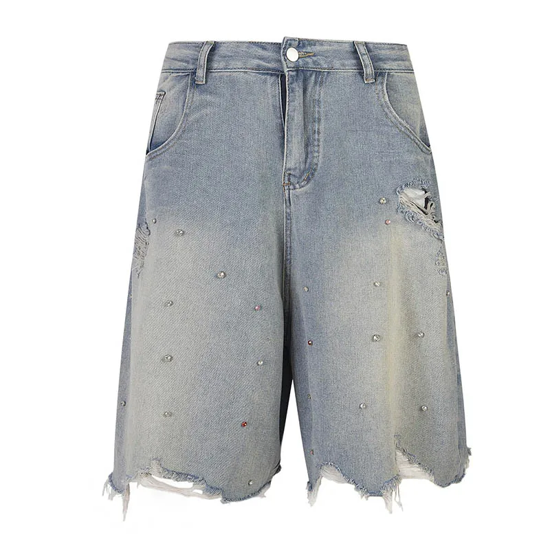 

Vintage Hi Street Rivet Denim Shorts Washed Streetwear Ripped Jeans Shorts For Male Blue