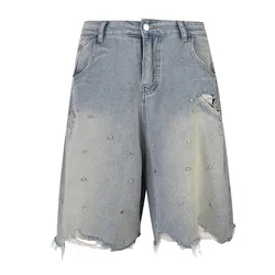 Vintage Hi Street Klinknagel Denim Shorts Gewassen Streetwear Gescheurde Jeans Shorts Voor Mannelijk Blauw