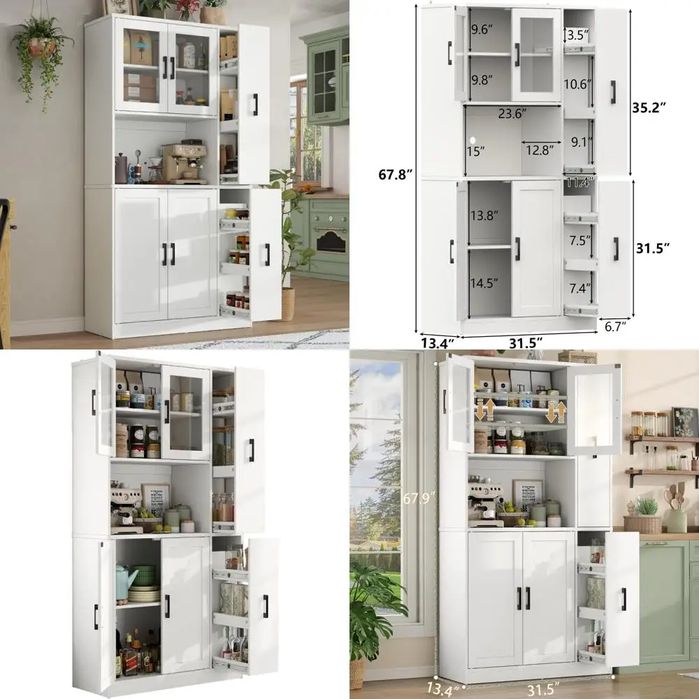 

Отдельно стоящий высокий кухонный шкаф-комори с боковым ящиком и стеклянной дверью для хранения и организации продуктов питания