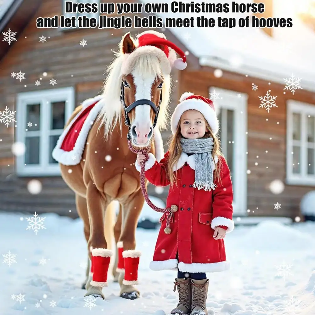 1/4/7Pcs Horse Christmas Costumes Red Santa Hat Horse Saddle Pad Leg Wraps Decoration Accessories Xmas Winter Holiday Supplies
