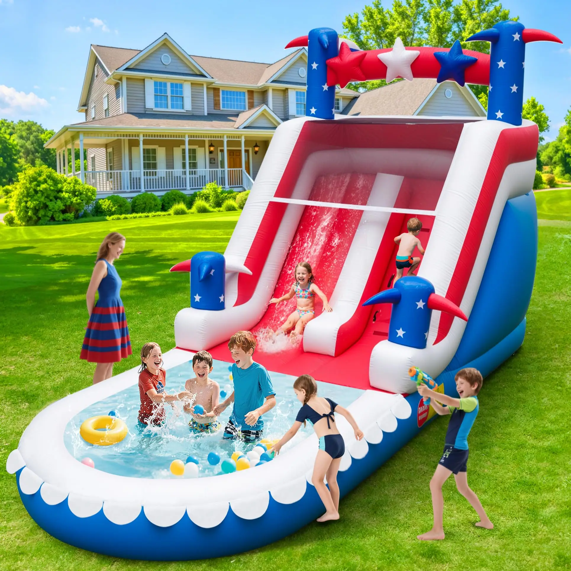 Wasserrutsche in kommerzieller Qualität mit Pool-Bounce-Haus für Erwachsene und Kinder (mit Gebläse), großer Wasserrutsche im Freien im Hinterhof