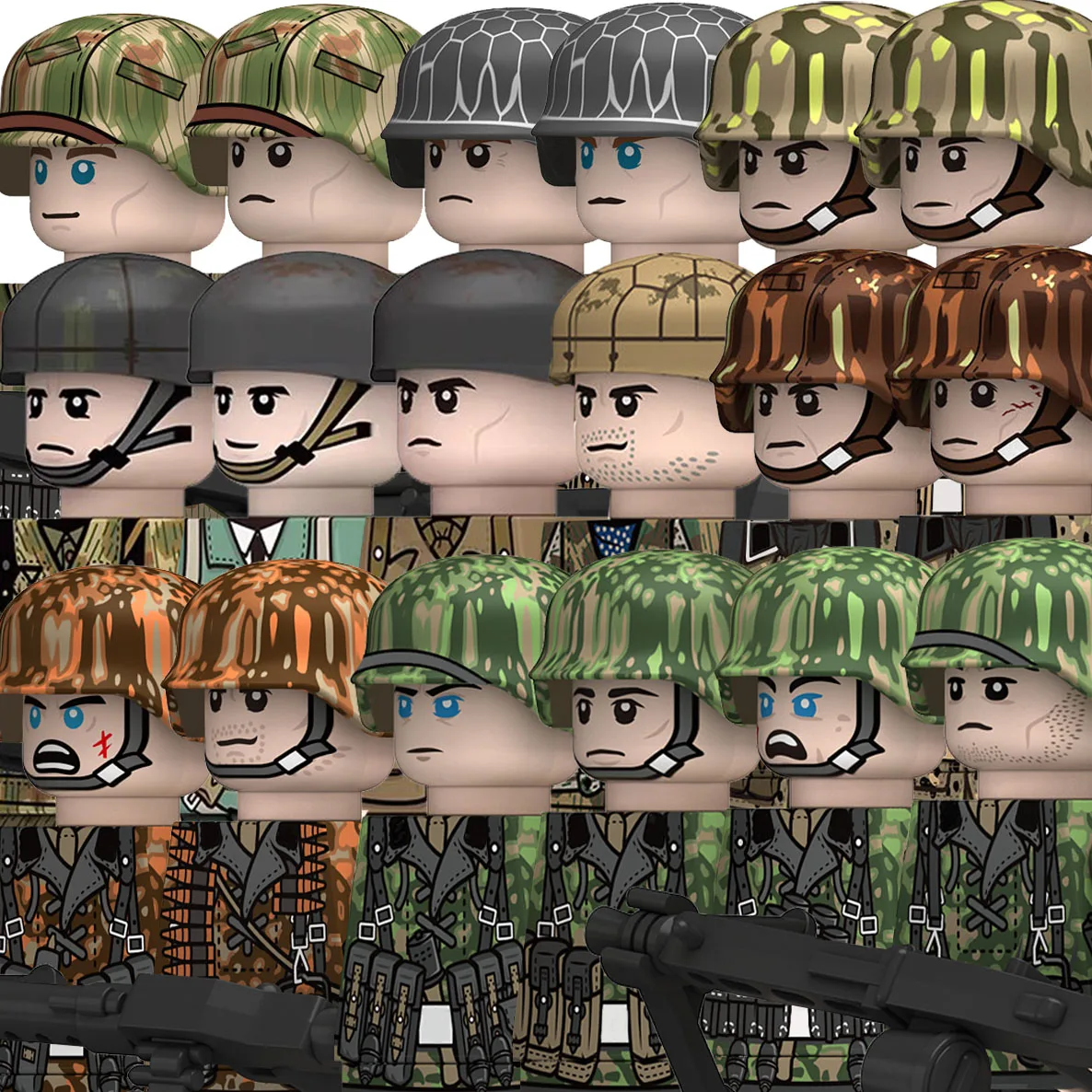 MOC WW2 Military Spring Camouflage Soldiers Figures Building Blocks Army Infantry Helmets Weapons Gun Troops Cap Bricks Toys