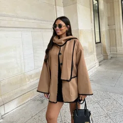 New Women Solid Color Loose Single-Breasted Scarf Coat 2023 Autumn Winter Woolen Coat Top Women Long Sleeve Pocket Splicing Coat