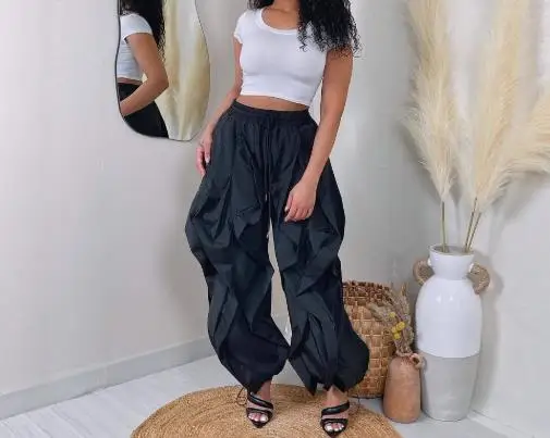 

Cargo Pants Woman Fashion Cargo Pants Elegant Commuting Patchwork Lace Lantern Pants Trendy Pleated Waistband Drawstring Pants