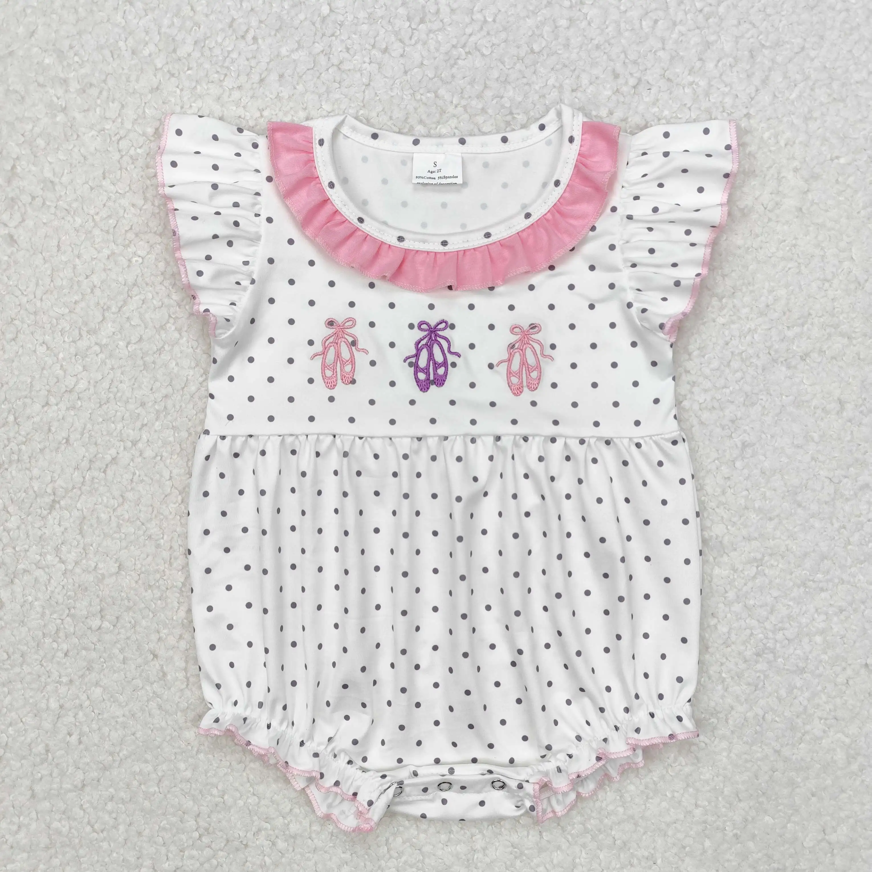 New rts baby girls summer rompers wholesale boutique embroidery ballet dance shoes pattern polka dot girls romper