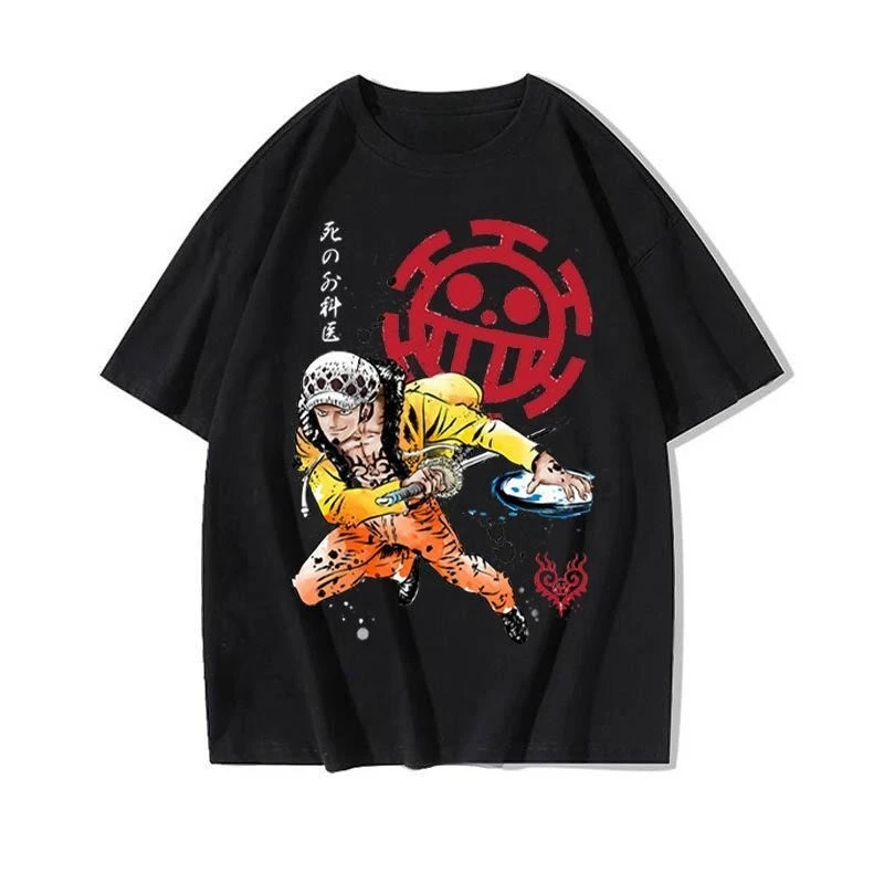 Anime One Piece Trafalgar D. Water Law Print T-Shirt Men's and Women's Cotton Loose Short Sleeve Summer Tops